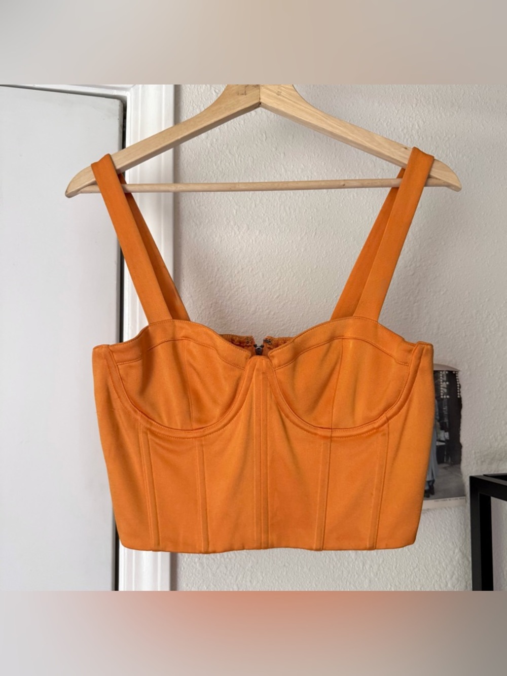 ALICE + OLIVIA Orange satin smocked back corset bustier cropped tank top